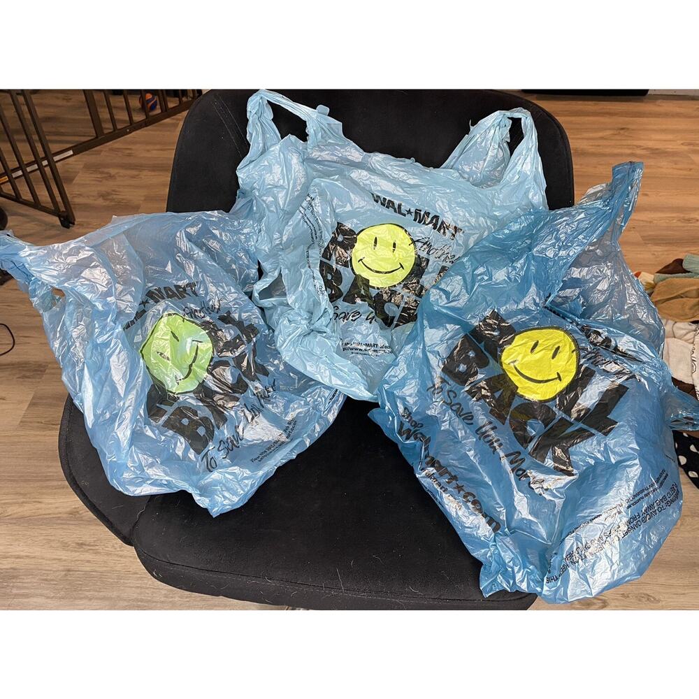 Vtg 1998 2001 Roll Back Wal-Mart Smiley Face Blue Plastic Shopping Bag Walmart
